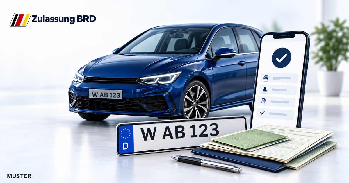 Online Fahrzeugzulassung in Wuppertal: Musterkennzeichen W AB 123, Auto und Fahrzeugpapiere und Smartphone. Illustration mit Logo von Zulassung BRD.